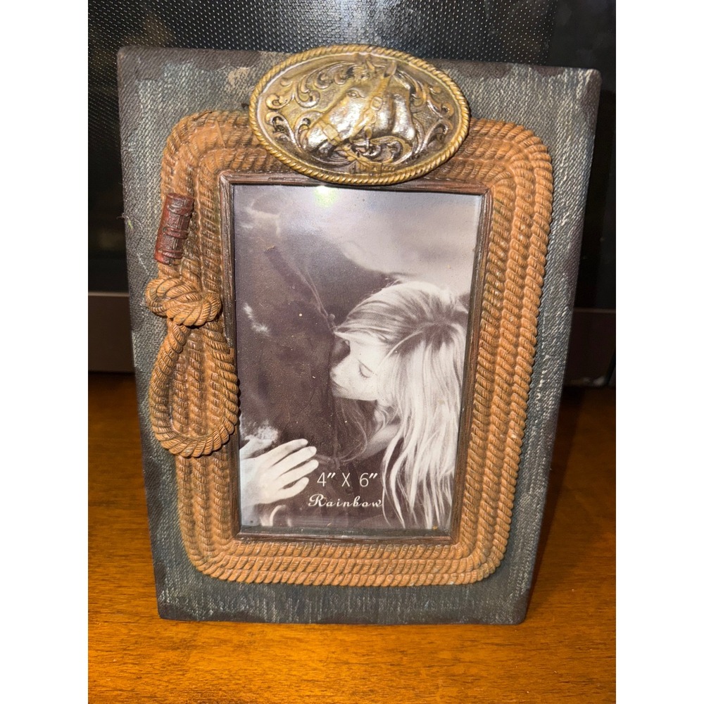Rainbow Inc Western Horse Belt Buckle Lasso Rope 4x6 Photo Frame‎ Blue RA9319